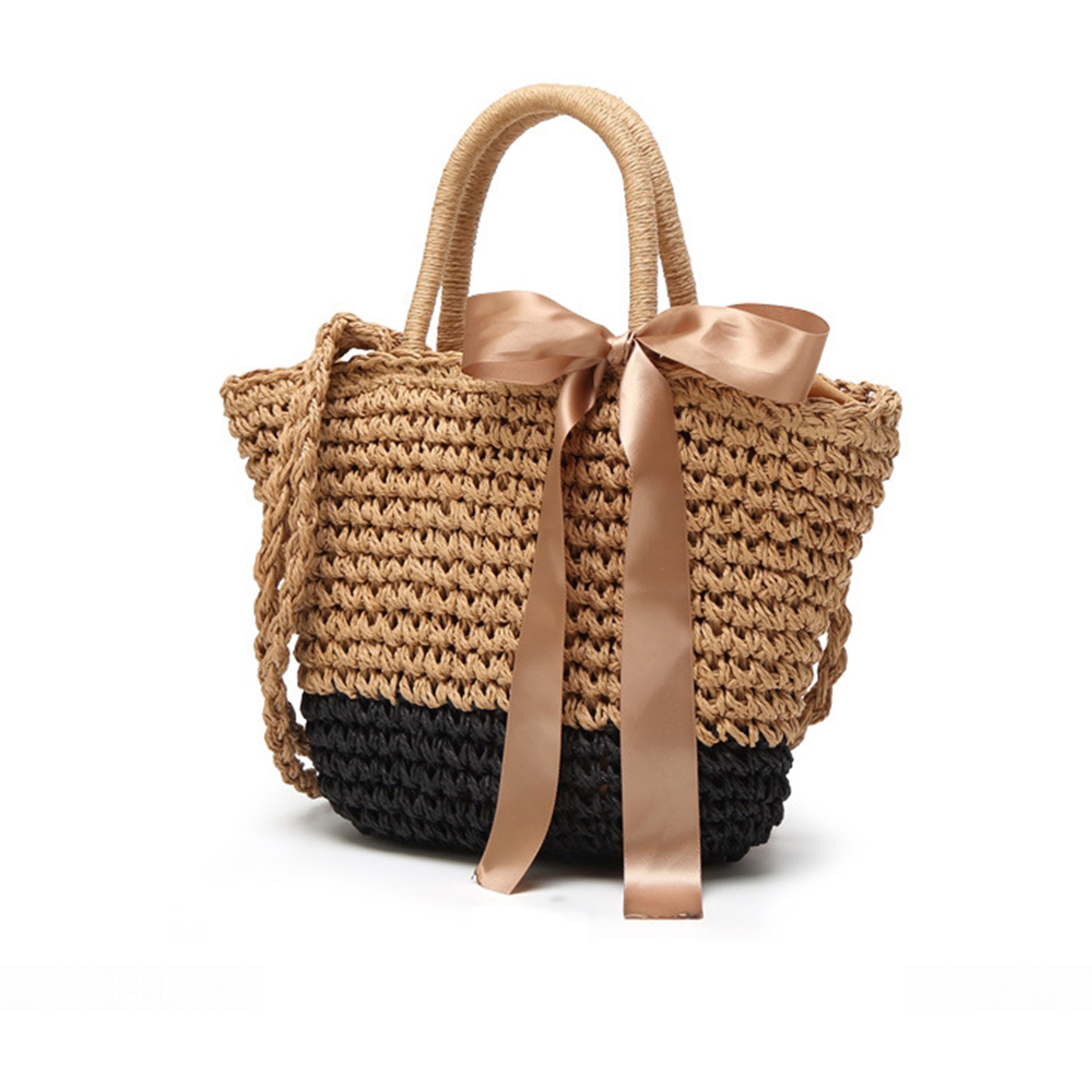 JOSEKO Straw Top Handle Handbag Summer Beach Purse Ladies Shoulder Bag Net